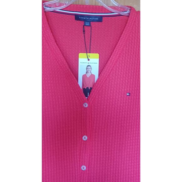 NWT Tommy Hilfiger Red Tie Front Waffle Knit Cardigan Sweater Women's Small - Picture 3 of 6